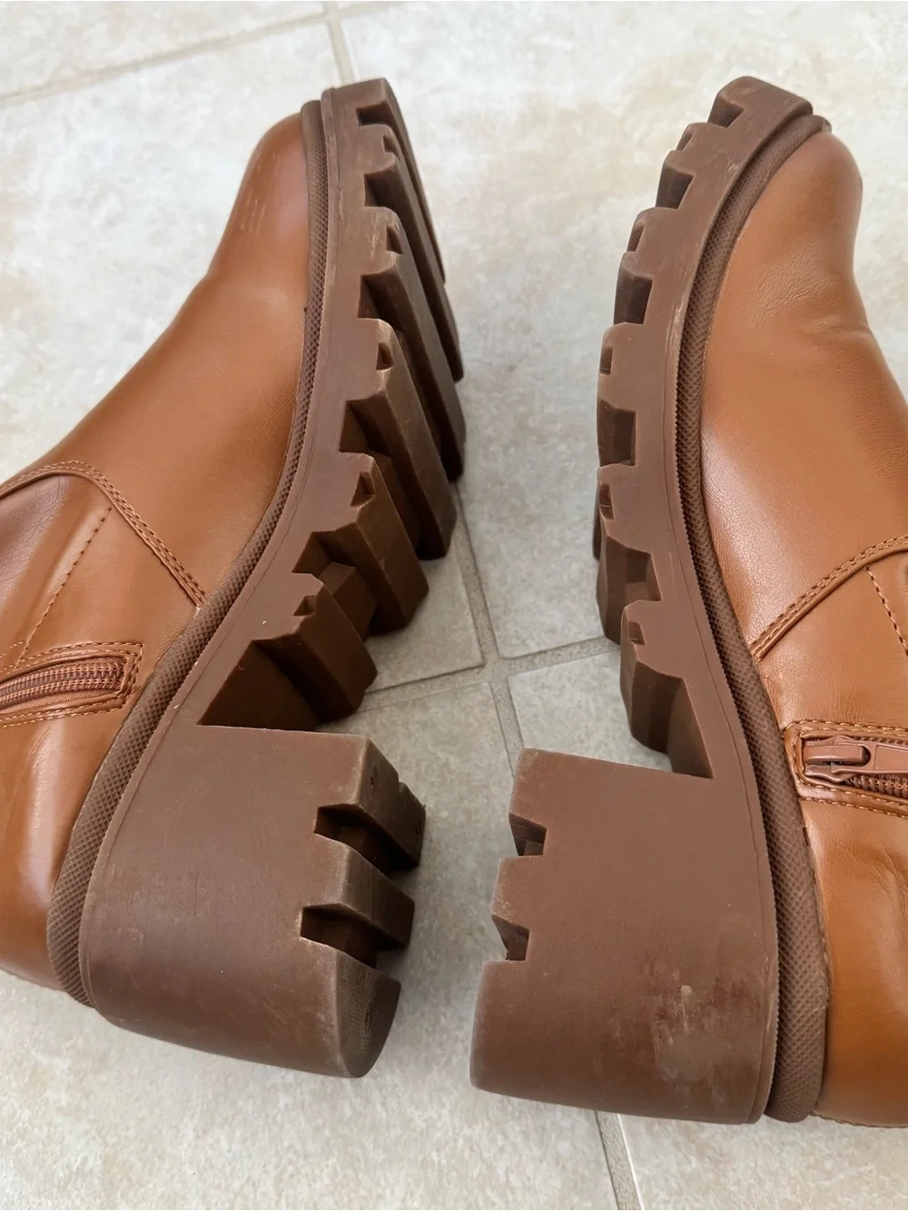 Womens Cognac Brown Faux Leather Over The Knee Lug Sole Chunky Heel Boots 9.5-10